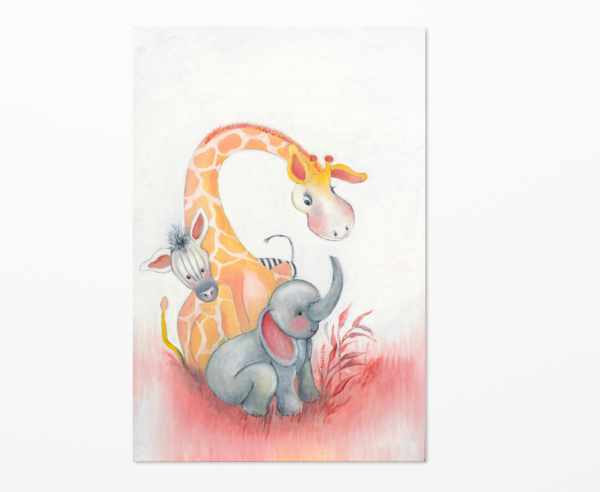 Baby dieren - Olifant - Giraffe - Zebra - Fantasierijke schilderijen, wanddecoratie, drukken op canvas en posters voor het interieur van uw babykamer en kinderkamer.