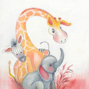 Baby dieren - Olifant - Giraffe - Zebra - Fantasierijke schilderijen, wanddecoratie, drukken op canvas en posters voor het interieur van uw babykamer en kinderkamer.