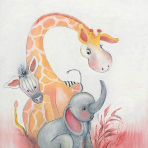 Baby dieren - Olifant - Giraffe - Zebra - Fantasierijke schilderijen, wanddecoratie, drukken op canvas en posters voor het interieur van uw babykamer en kinderkamer.