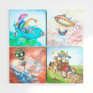 Twinkelschilderijen wanddecoratie kinderkamer reizen - 4 stuks avontuur wanddecoratie voor kinderen - Canvas schilderij | Incl. GRATIS ophangsysteem | Totaal 40x40 cm