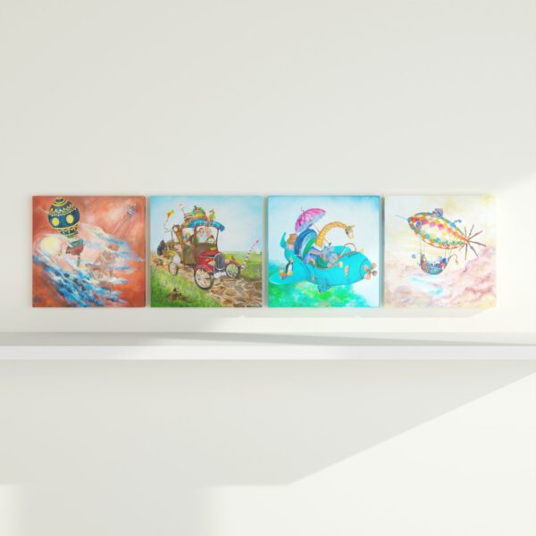 Twinkelschilderijen wanddecoratie kinderkamer reizen - 4 stuks avontuur wanddecoratie voor kinderen - Canvas schilderij | Incl. GRATIS ophangsysteem | Totaal 40x40 cm