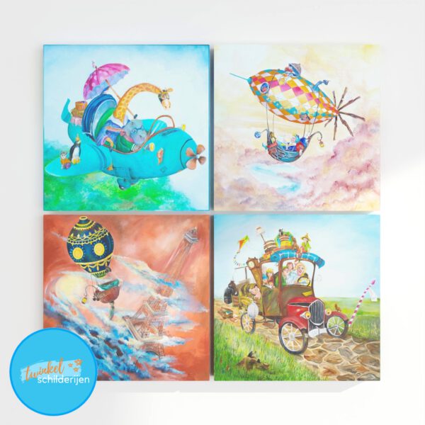 Twinkelschilderijen wanddecoratie kinderkamer reizen - 4 stuks avontuur wanddecoratie voor kinderen - Canvas schilderij | Incl. GRATIS ophangsysteem | Totaal 40x40 cm