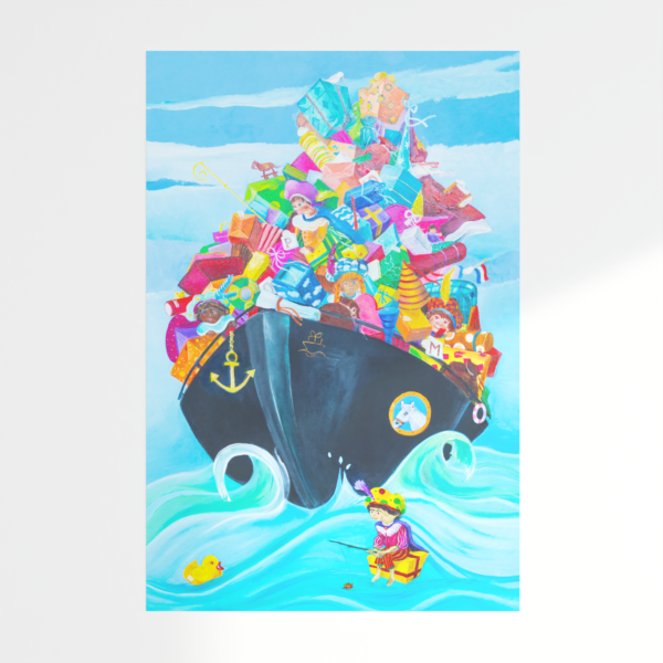 De pakjesboot van sinterklaas - Poster van Twinkelschilderijen - Ideaal als cadeau of wanddecoratie om sfeer te creëren tijdens het sinterklaasfeest!