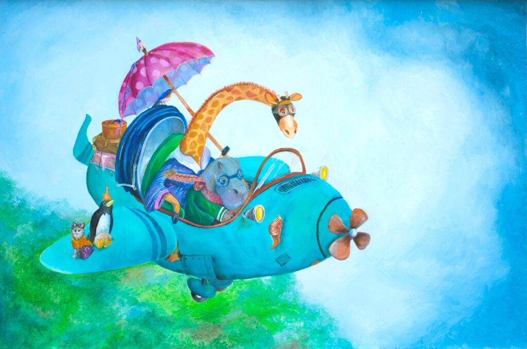 Wanddecoratie kinderkamer met vliegtuig en dieren - Beestjes vliegen uit