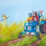 Handgeschilderd schilderij van een tractor vol boerderijdieren, waaronder een koe, varken, ezel en kippetjes, voor de babykamer of kinderkamer.