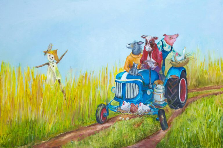 Handgeschilderd schilderij van een tractor vol boerderijdieren, waaronder een koe, varken, ezel en kippetjes, voor de babykamer of kinderkamer.
