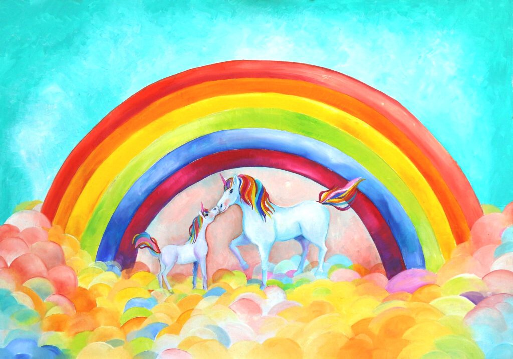 Eenhoorn en unicorn wanddecoratie met regenboog voor de kinderkamer en meisjeskamer - Twinkelschilderijen wanddecoraties