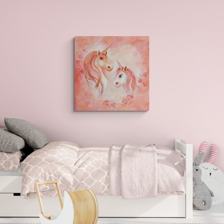 Roze eenhoorn met hart wanddecoratie voor kinderkamer en slaapkamer - Twinkelschilderijen