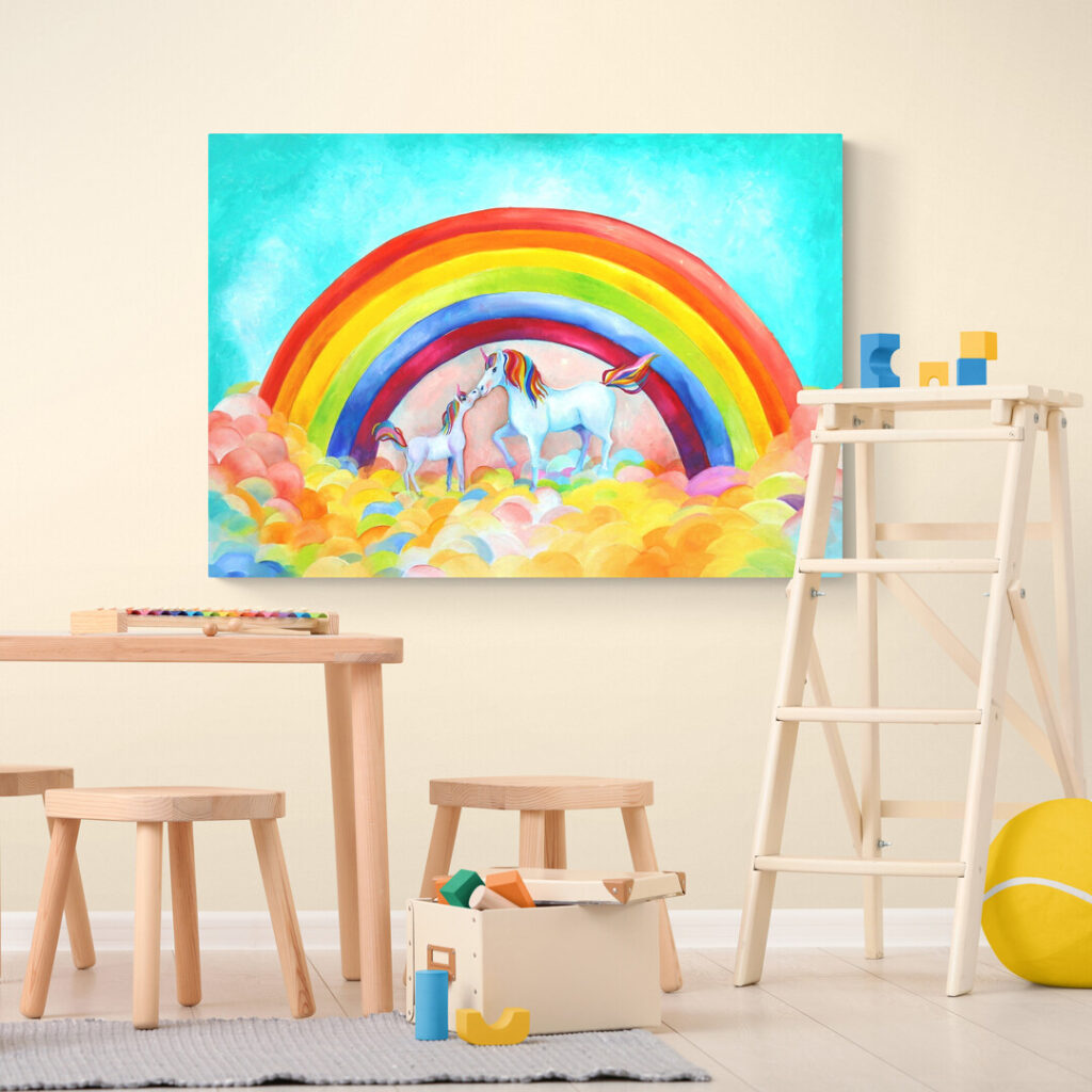 Eenhoorn en unicorn wanddecoratie met regenboog voor de kinderkamer en meisjeskamer - Twinkelschilderijen wanddecoraties