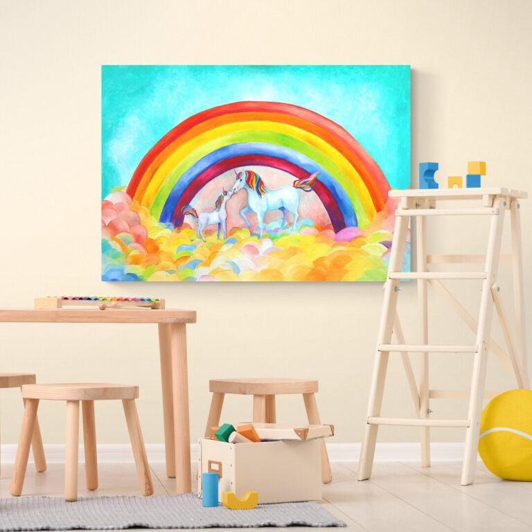 Eenhoorn en unicorn wanddecoratie met regenboog voor de kinderkamer en meisjeskamer - Twinkelschilderijen wanddecoraties