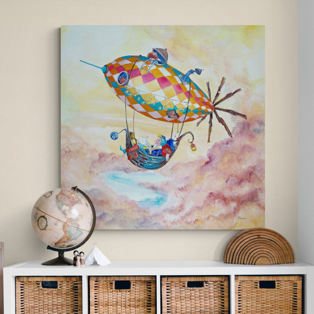 Avontuurlijke zeppelin wanddecoratie speelkamer door Twinkelschilderijen - Ferdy op Vakantie