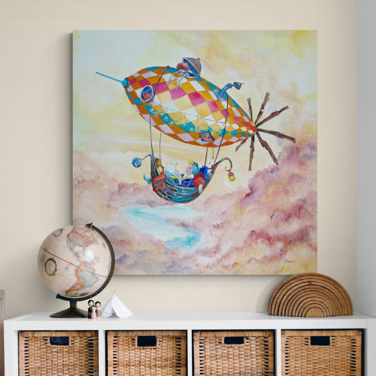 Avontuurlijke zeppelin wanddecoratie speelkamer door Twinkelschilderijen - Ferdy op Vakantie