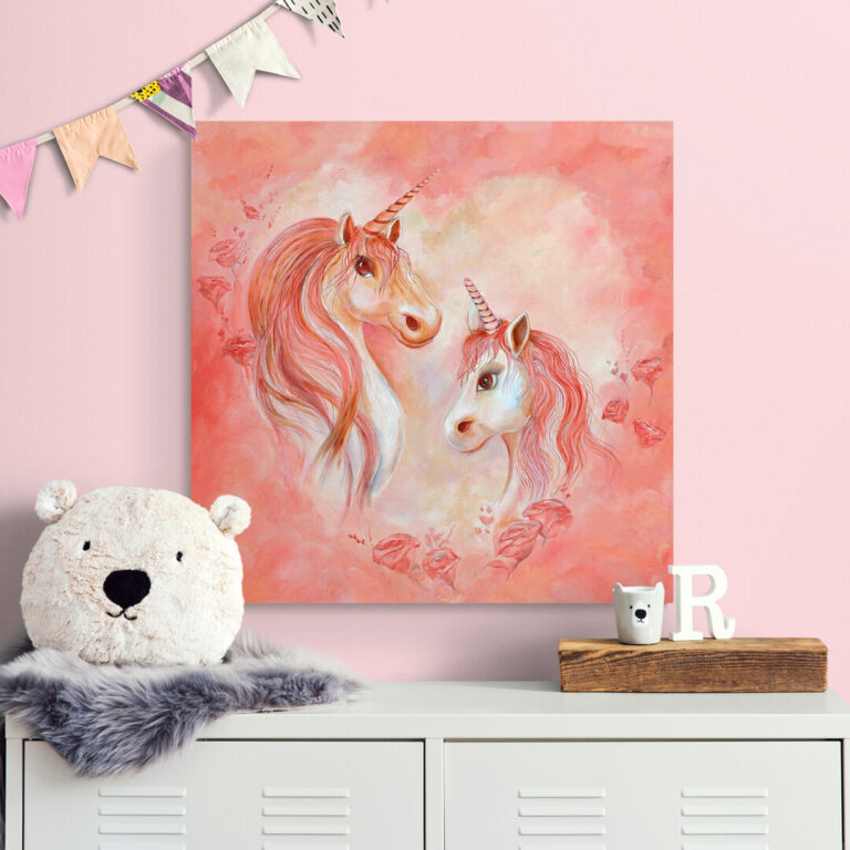 Roze eenhoorn met hart wanddecoratie voor kinderkamers - Twinkelschilderijen