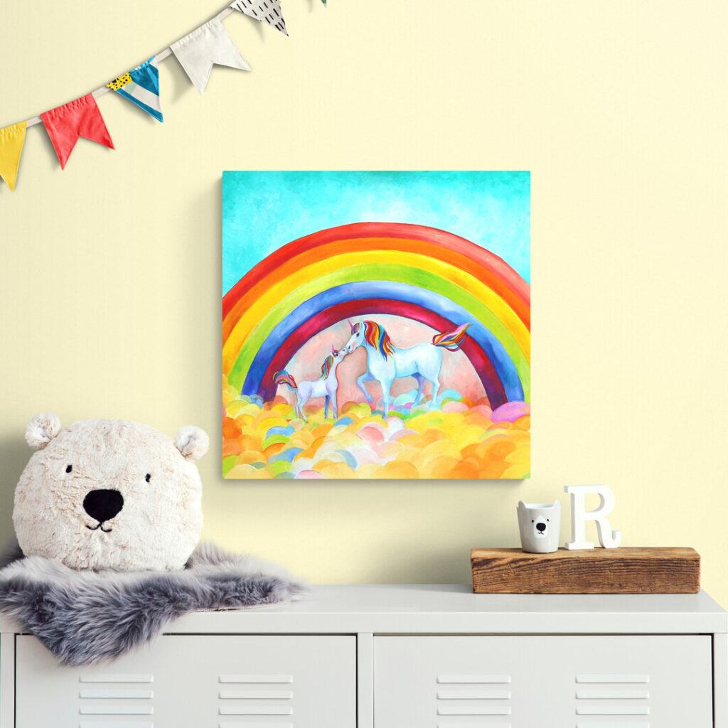 Eenhoorn en unicorn wanddecoratie met regenboog voor de kinderkamer en meisjeskamer - Twinkelschilderijen wanddecoraties