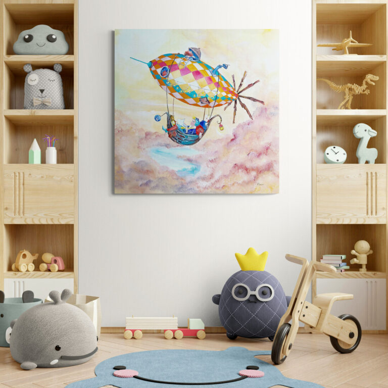 Avontuurlijke zeppelin wanddecoratie speelkamer door Twinkelschilderijen - Ferdy op Vakantie