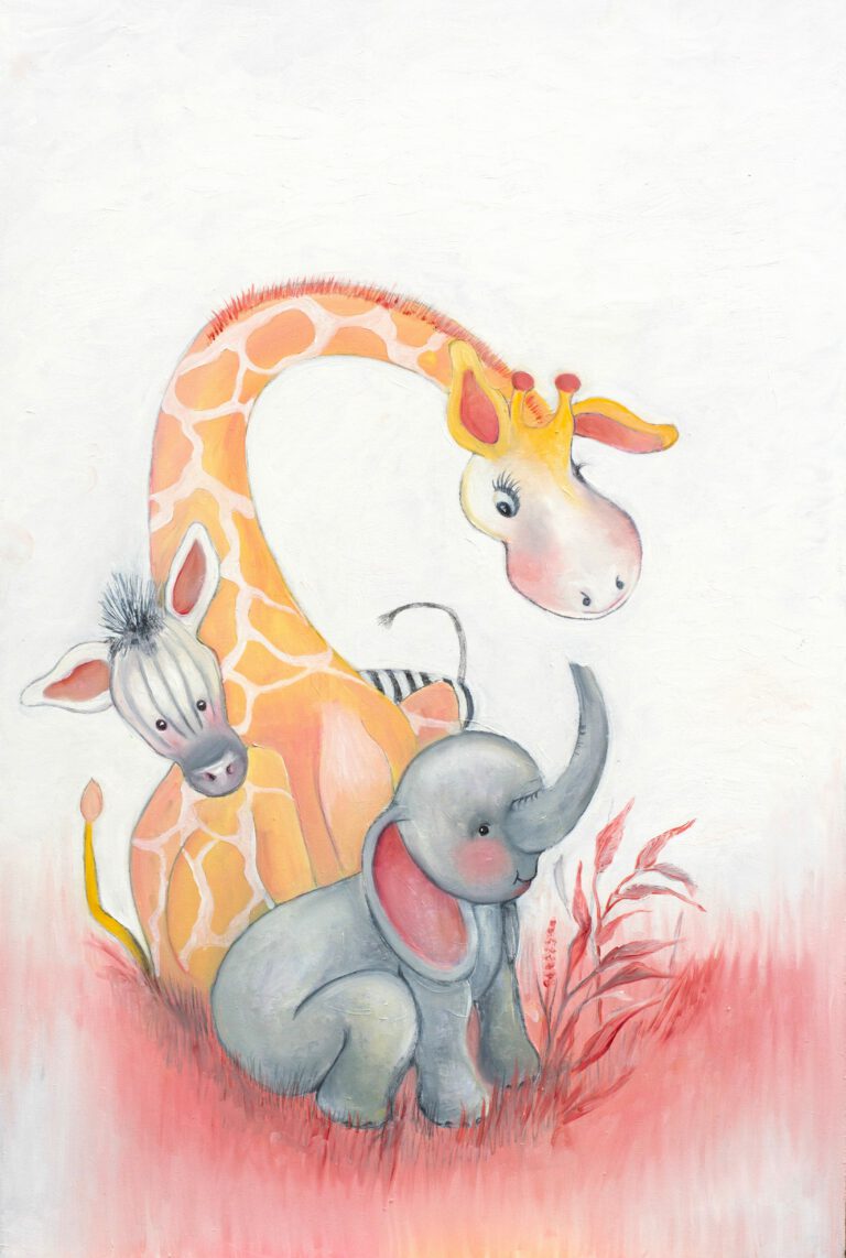 Dieren poster voor de kinderkamer - Zebra, Giraffe en olifant - Twinkelschilderijen