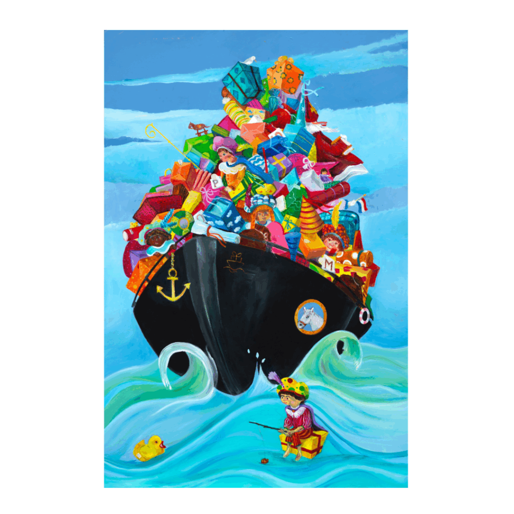 De pakjesboot van sinterklaas - Kinderkamer poster door Twinkelschilderijen