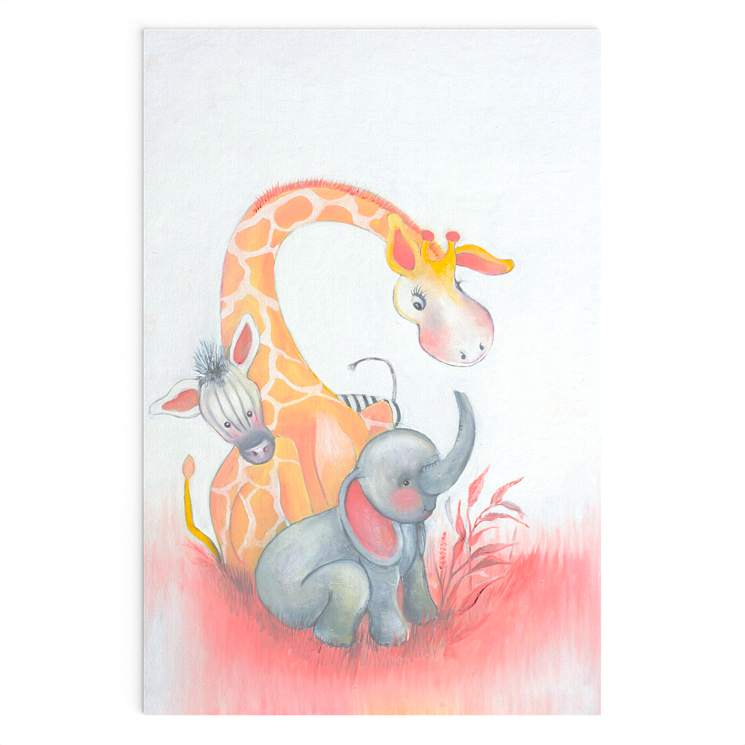 Handgeschilderd schilderij van een zebra, giraffe en olifant in zachte kleuren voor de babykamer of kinderkamer.