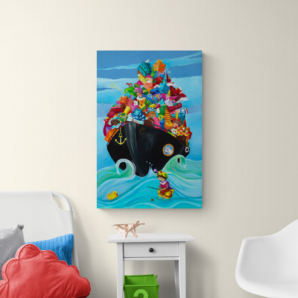 De pakjesboot van sinterklaas - Kinderkamer poster door Twinkelschilderijen