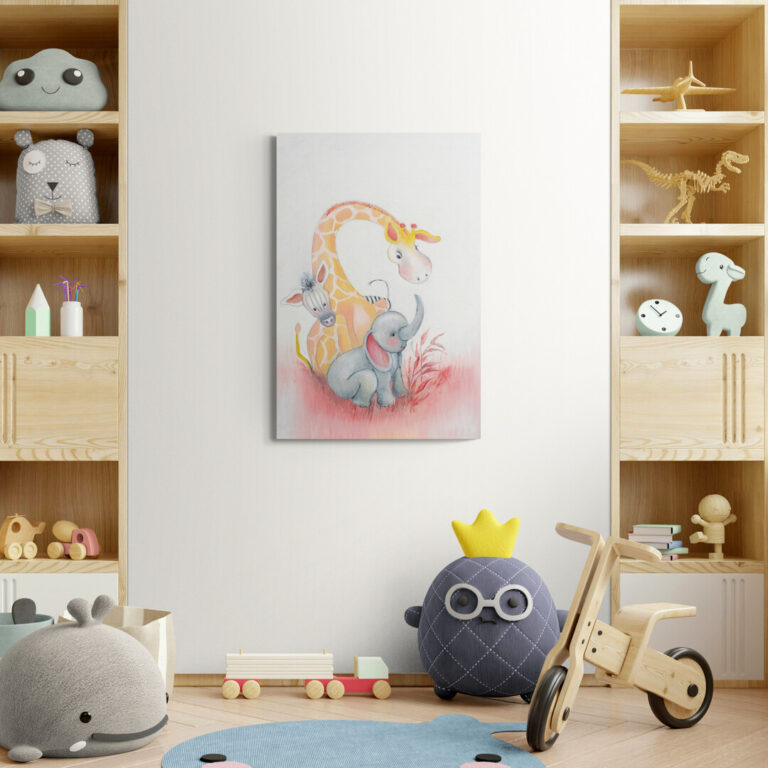 Dieren poster voor de kinderkamer - Zebra, Giraffe en olifant - Twinkelschilderijen
