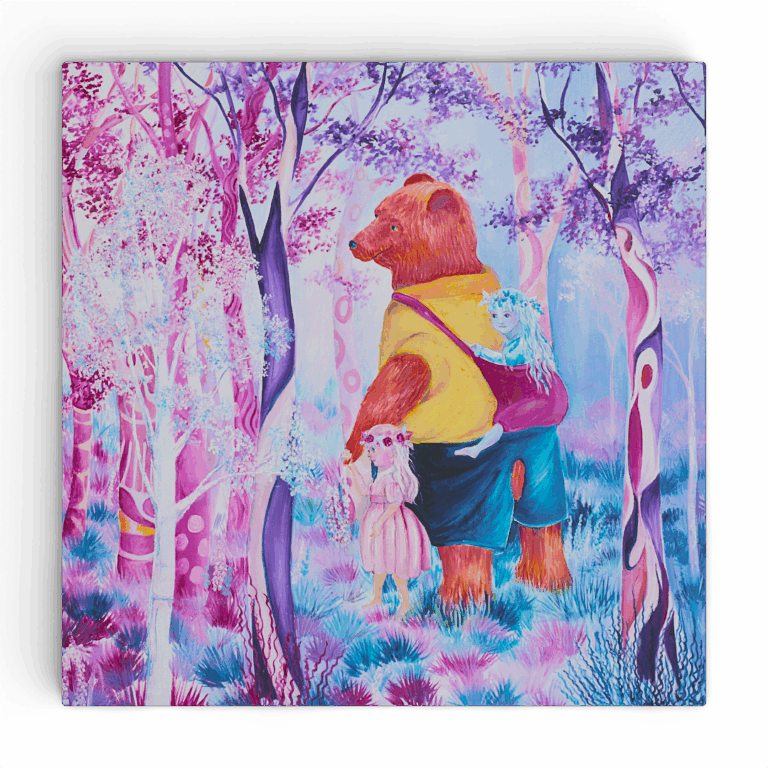 Sprookje sneeuwwitje Rozerood - Wanddecoratie voor kinderkamer met Beer in Magisch bos met twee kinderen