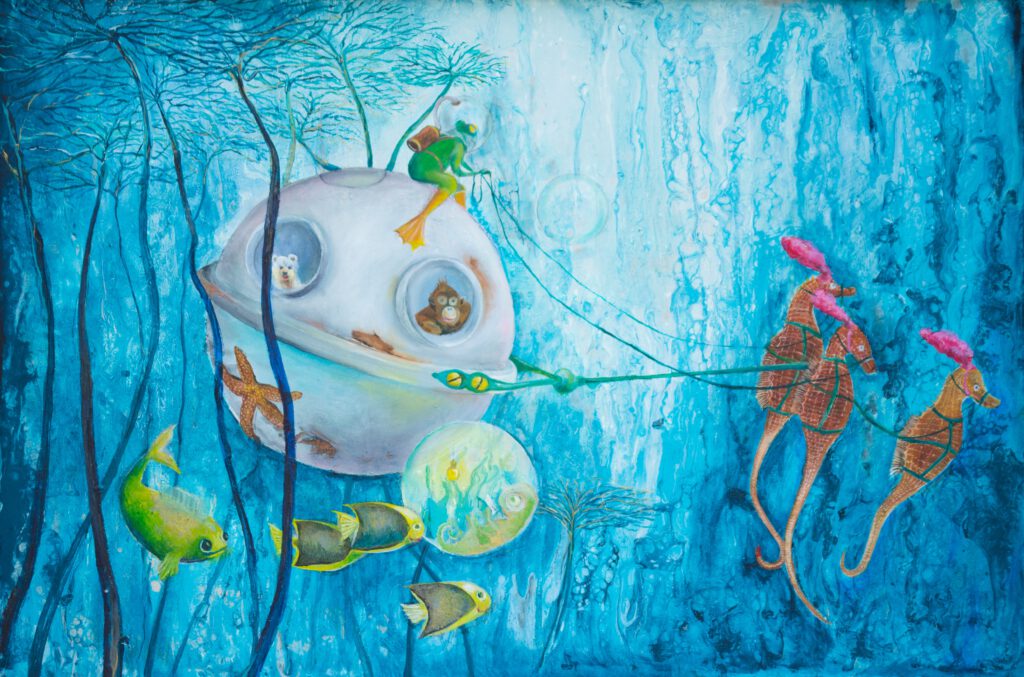 De onderwaterwereld - Wanddecoratie door Twinkelschilderijen voor de kinderkamer - Schilderij met zeepaard en onderzeeër