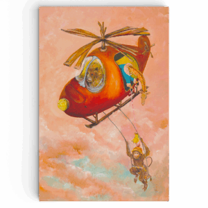 Wanddecoratie kinderkamer en babykamer door Twinkelschilderijen met Giraffe, Helikopter en aap een trapeze.