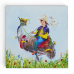 Een wanddecoratie voor de kinderkamer met emoe en reiziger