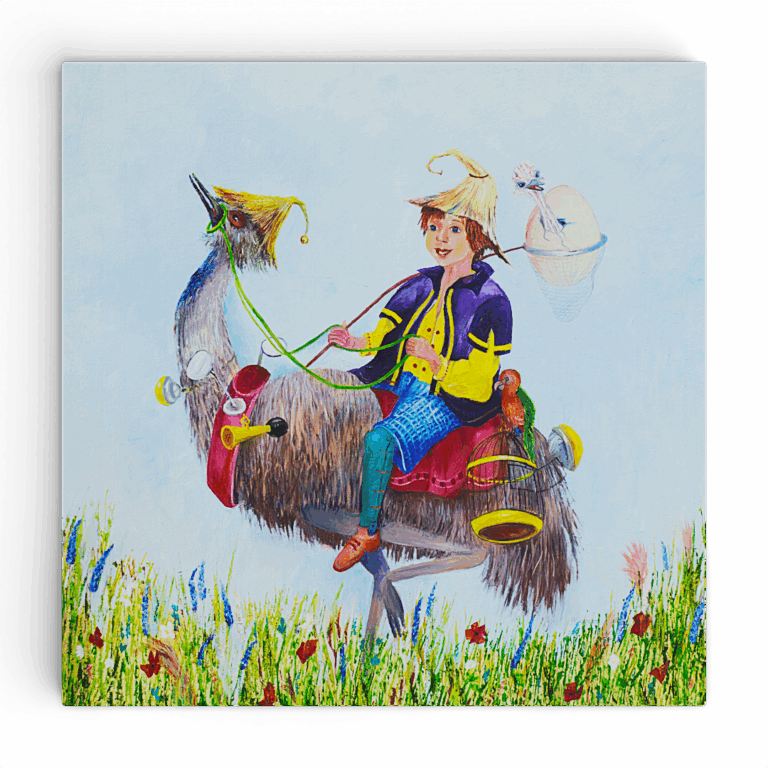 Een wanddecoratie voor de kinderkamer met emoe en reiziger