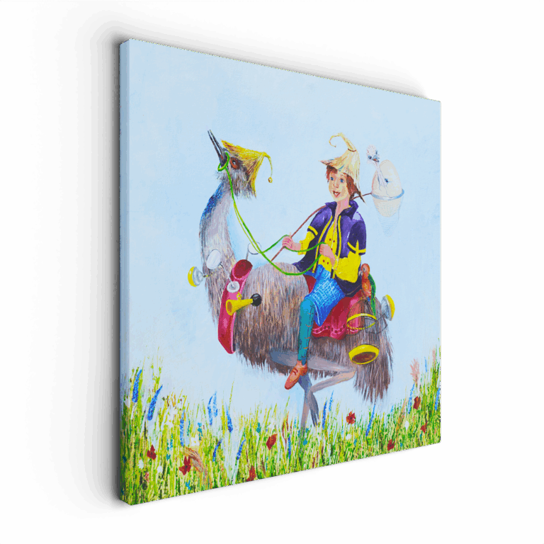 Een wanddecoratie voor de kinderkamer met emoe en reiziger