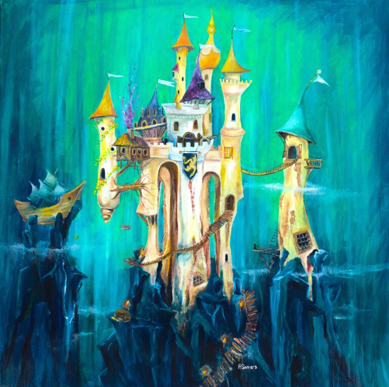 Wanddecoratie prent en poster met ridder - Het ridderslot - Kasteel op berg