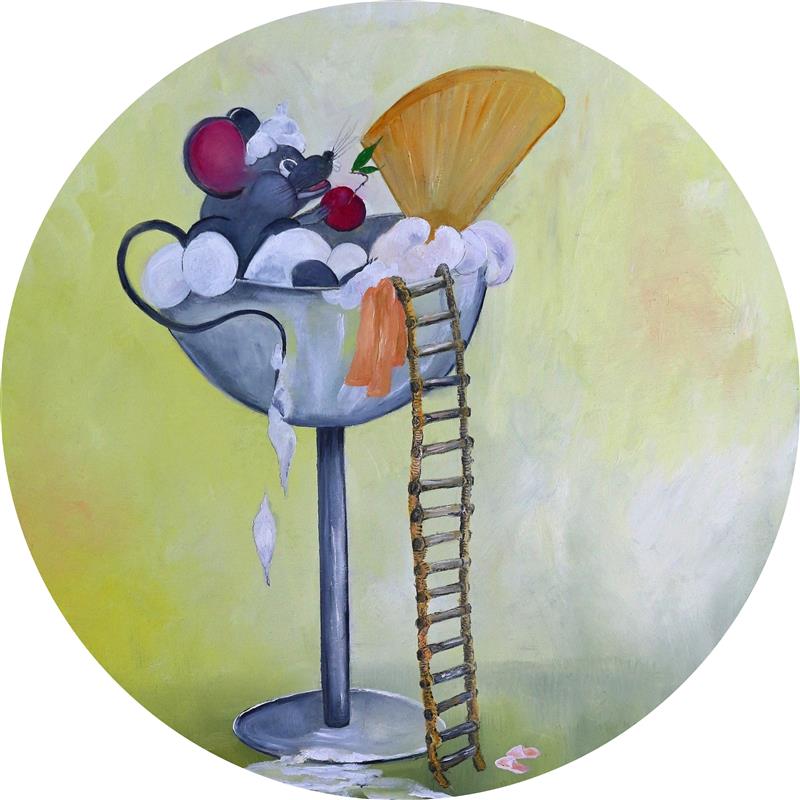 Een heerlijke wanddecoratie van een muisje wat snoept van het ijs. Een vrolijk Twinkelschilderij.