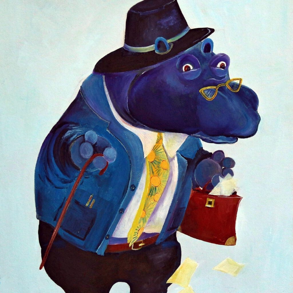 Een gezellige prent van een nijlpaard aangekleed als zakenman. Ome Henk is een prachtige wanddecoratie.