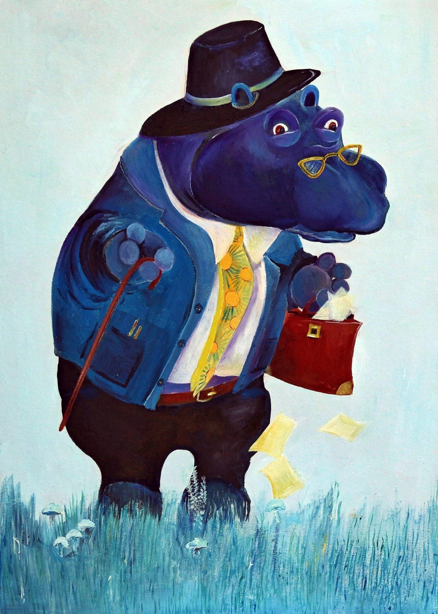 Een gezellige prent van een nijlpaard aangekleed als zakenman. Ome Henk is een prachtige wanddecoratie.