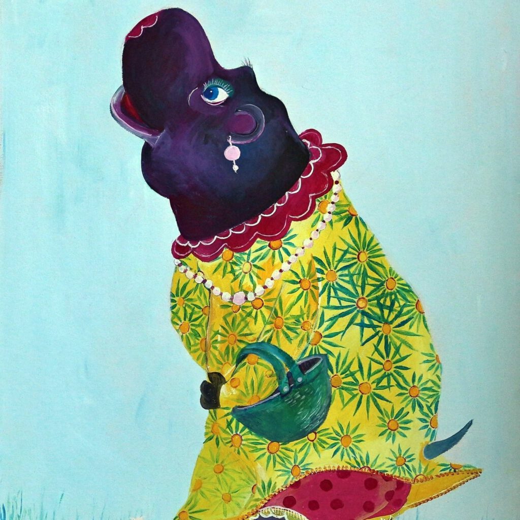 Nijlpaard Tante Toos is een vrolijke wanddecoratie geschilderd in een elegant geel bloemenjurkje. Handtasje, oorbellen en kant aan haar broekje dat maakt haar helemaal af.