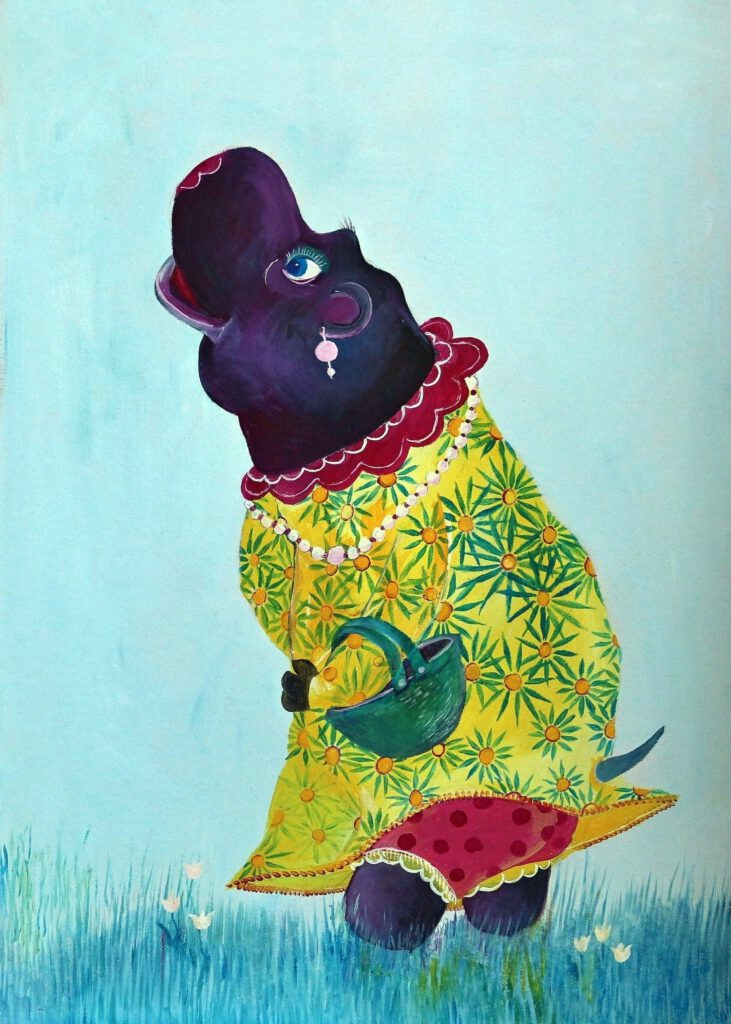 Nijlpaard Tante Toos is een vrolijke wanddecoratie geschilderd in een elegant geel bloemenjurkje. Handtasje, oorbellen en kant aan haar broekje dat maakt haar helemaal af.