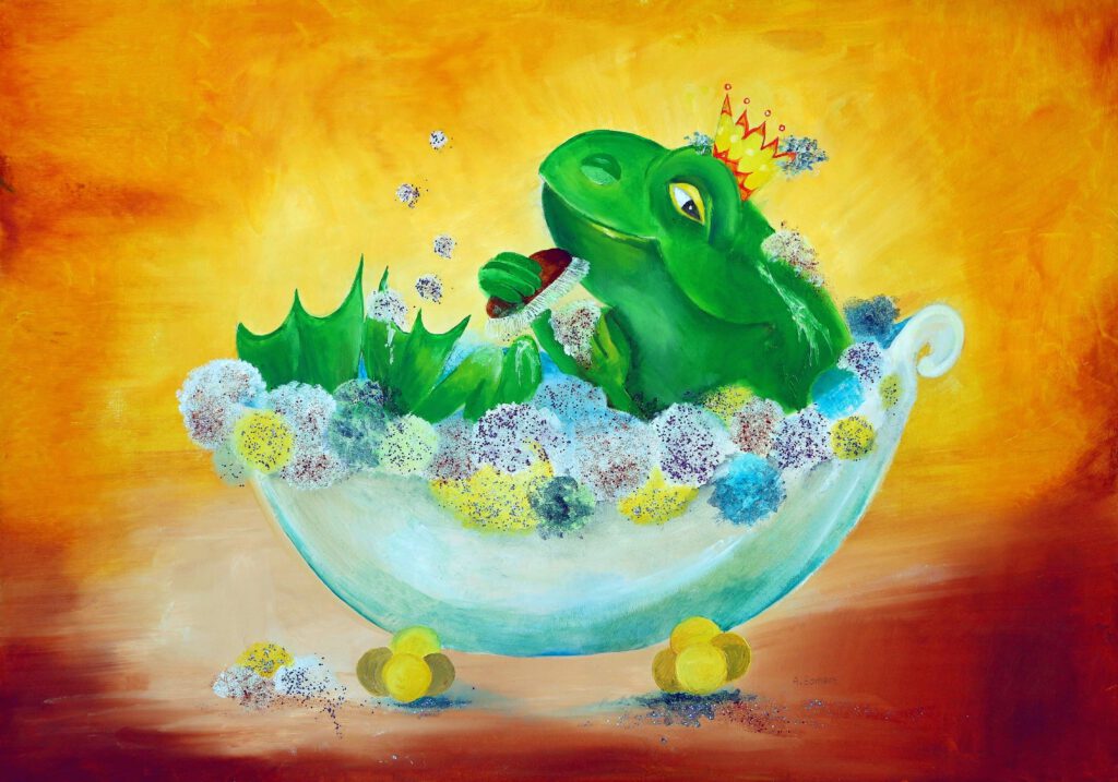 Wanddecoratie voor kinderkamers. Een olijke kikker in een bad met veel badschuim.