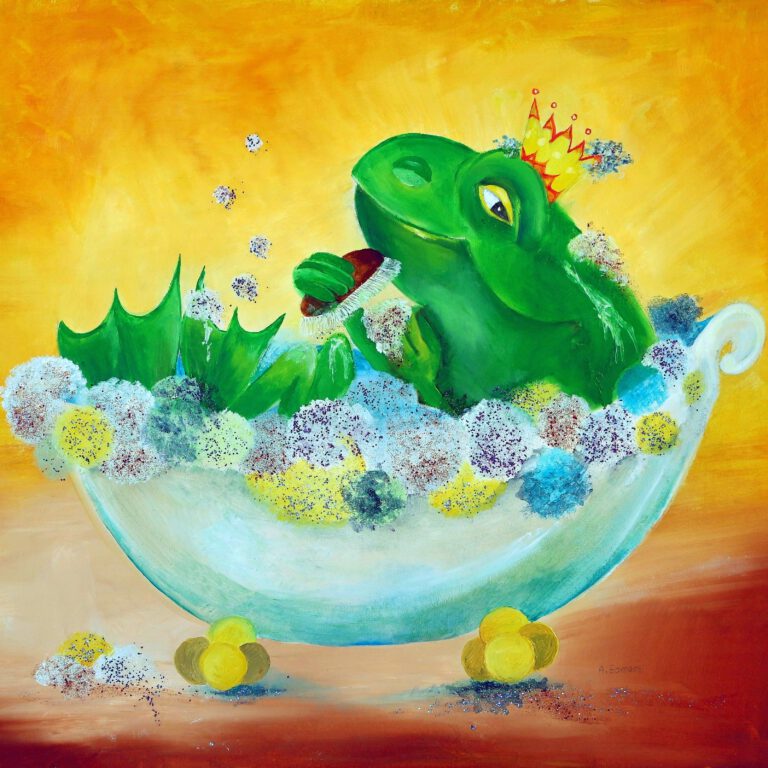 Wanddecoratie van een Kikkerkoning in een bubbel bad.