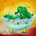 Wanddecoratie van een Kikkerkoning in een bubbel bad.