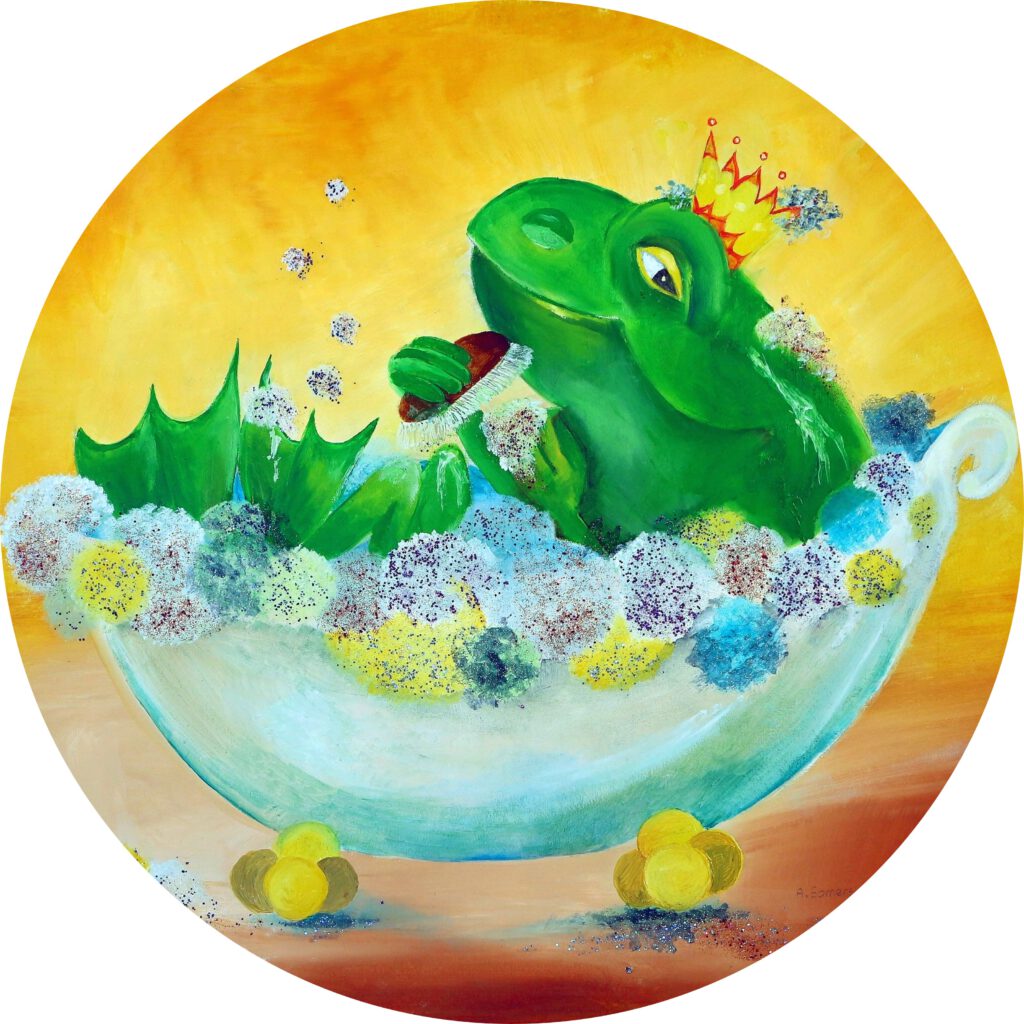 Wanddecoratie van een Kikkerkoning in een bubbel bad.