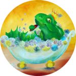 Wanddecoratie van een Kikkerkoning in een bubbel bad.