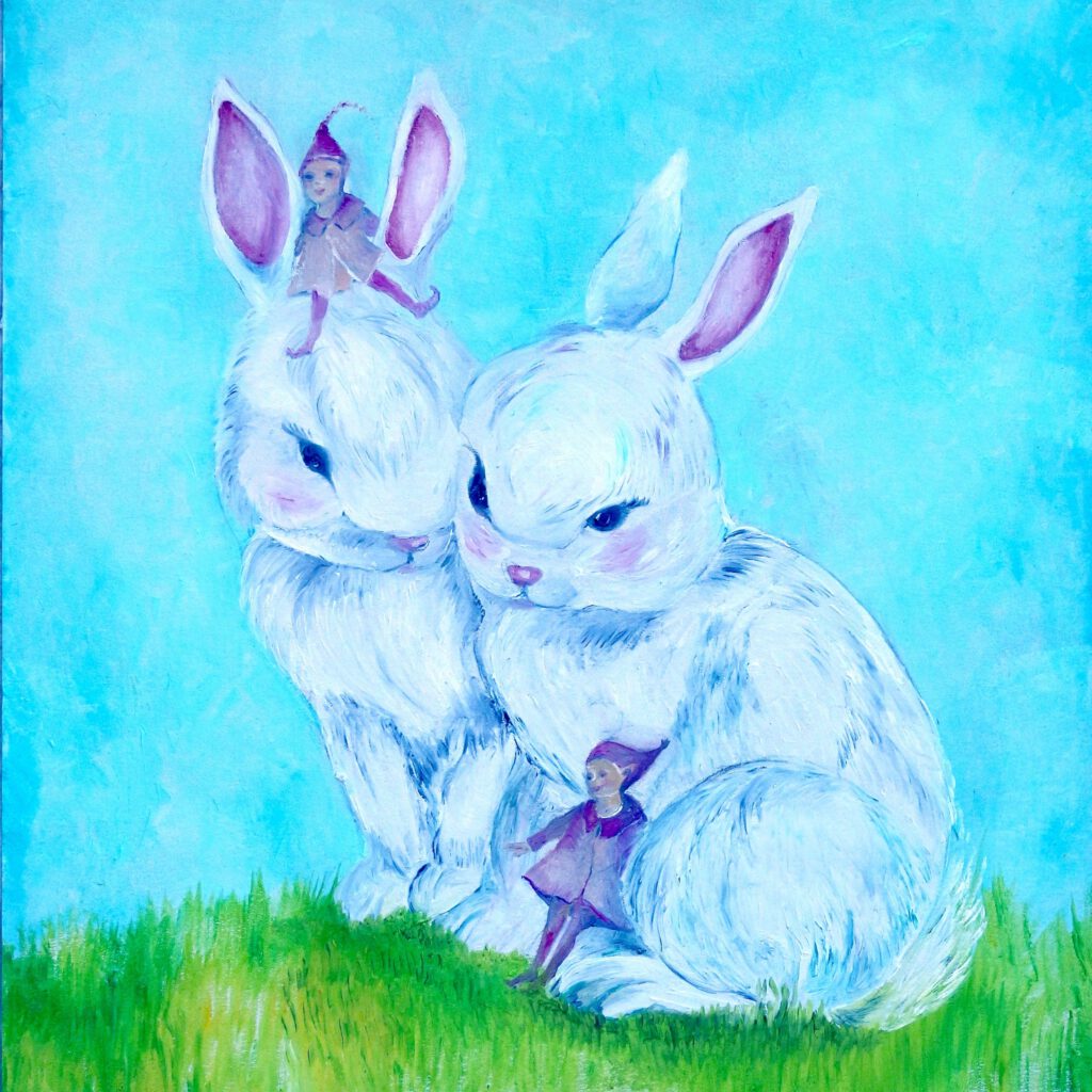 2 Kleine witte konijnen met kaboutermeisjes speciaal geschilderd voor meisjeskamer