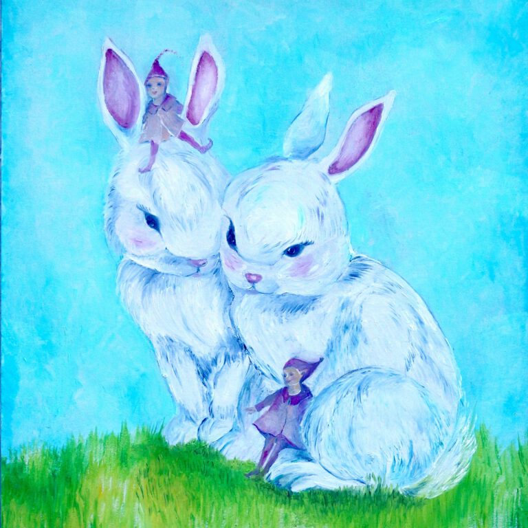 2 Kleine witte konijnen met kaboutermeisjes speciaal geschilderd voor meisjeskamer