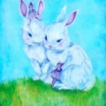 Wanddecoratie van 2 witte konijntjes met 2 kleine kaboutermeisjes