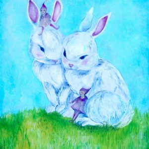 Wanddecoratie van 2 witte konijntjes met 2 kleine kaboutermeisjes