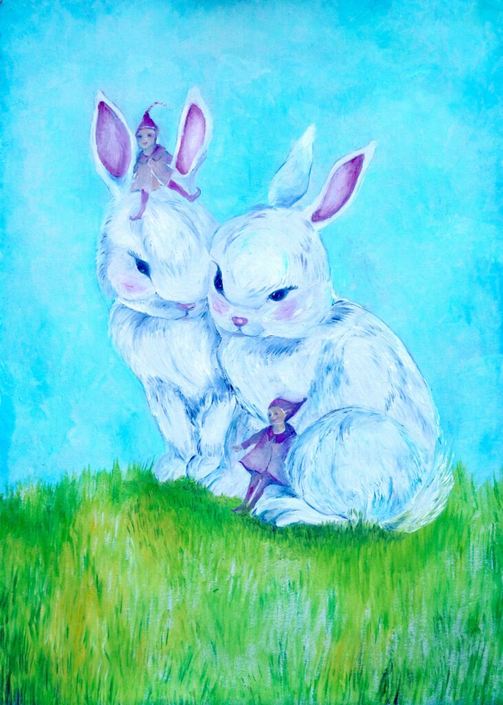 Wanddecoratie van 2 witte konijntjes met 2 kleine kaboutermeisjes