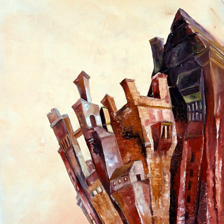 Wanddecoratie van een bergdorpje bovenop de rotsen.