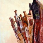 Wanddecoratie van een bergdorpje bovenop de rotsen.