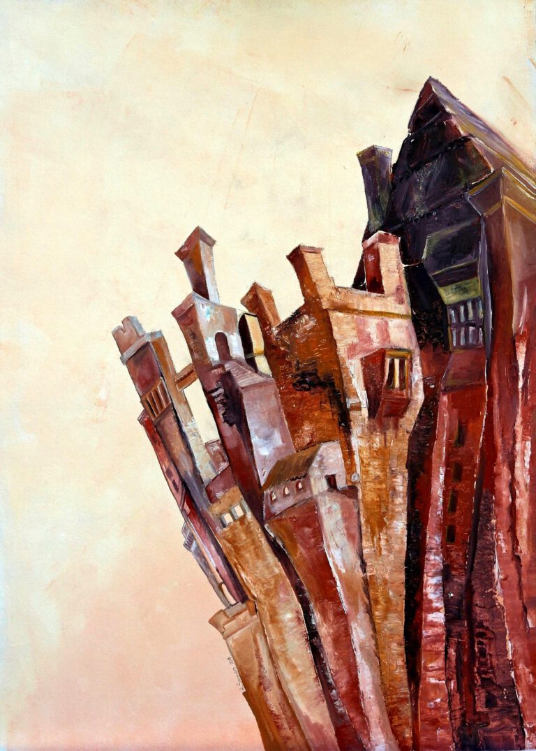 Wanddecoratie van een bergdorpje bovenop de rotsen.