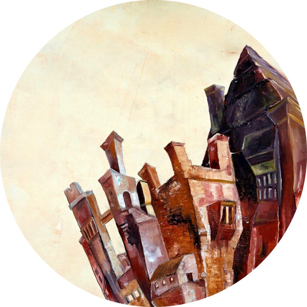 Wanddecoratie van een bergdorpje bovenop de rotsen.